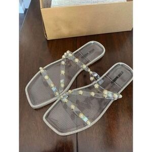 Steve Madden Clear Pearl Strappy Slip on Sandals Size 10 Beach Vacation